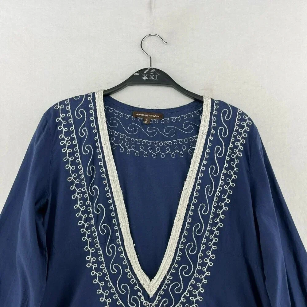 Adrienne Vittadini Dress Tunic M Blue Embroidered V Neck Flare Hem Unlined Boho - Picture 6 of 13